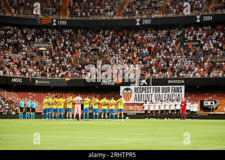 Valencia, Spanien. August 2023. Allgemeine Sicht auf das Spielfeld während der regulären Saison von La Liga EA Sport zwischen UD Las Palmas und Valencia CF im Mestalla Stadium. Endnote: Valencia CF 1 : 0 UD Las Palmas Credit: SOPA Images Limited/Alamy Live News Stockfoto