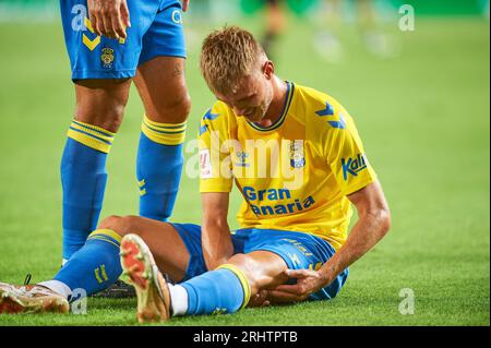 Valencia, Spanien. August 2023. Daley Sinkgraven von UD Las Palmas während der regulären Saison von La Liga EA Sport zwischen UD Las Palmas und Valencia CF im Mestalla Stadion. Endstand: Valencia CF 1: 0 UD Las Palmas (Foto: Deutsches Vidal Ponce/SOPA Images/SIPA USA) Credit: SIPA USA/Alamy Live News Stockfoto