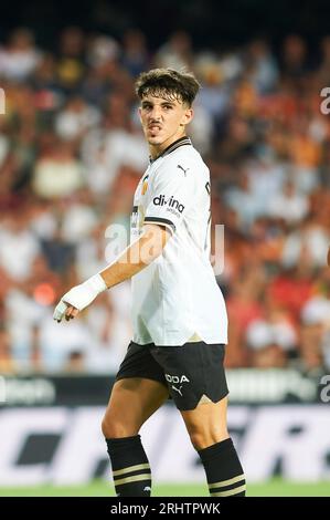 Valencia, Spanien. August 2023. Diego Lopez von Valencia CF in Aktion während der regulären Saison der La Liga EA Sport zwischen UD Las Palmas und Valencia CF im Mestalla Stadion. Endnote: Valencia CF 1 : 0 UD Las Palmas (Foto: German Vidal Ponce/SOPA Images/SIPA USA) Credit: SIPA USA/Alamy Live News Stockfoto