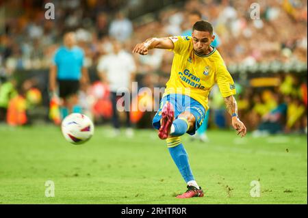 Valencia, Spanien. August 2023. Benito J von UD Las Palmas in Aktion während der regulären Saison der La Liga EA Sport zwischen UD Las Palmas und Valencia CF im Mestalla Stadion. Endnote: Valencia CF 1 : 0 UD Las Palmas Credit: SOPA Images Limited/Alamy Live News Stockfoto