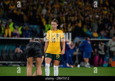 Stadium Australia, Sydney – 16. August 2023: Australiens Clare Hunt, nachdem er im Halbfinale der Weltmeisterschaft 2023 gegen England verloren hatte Stockfoto