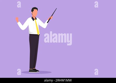 Grafisches flaches Design Zeichnung erfolgreicher Geschäftsmann Lehrer trägt aufgeräumtes Hemd, stehend, zeigend mit hölzernem Zeigerstab. Bildungskonzept, Cur Stockfoto