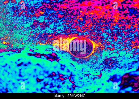 Zwei Euro-Cent-Münzen in Sandsteingestein. Geworfene Münze bedeutet. Fantastisches Thermografie-Foto der hügeligen Landschaft. Stockfoto