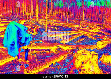 Frau in gelbem Regenmantel besuchte den Wald nach dem Feuer. Fantastisches Thermografie-Foto der hügeligen Landschaft. Stockfoto