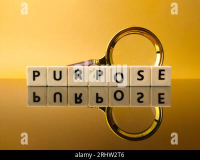 Spielzeug Wort und Lupe mit TEXTZWECK auf gelbem Hintergrund mit Reflexion auf einer schwarzen Acrylplatte Stockfoto