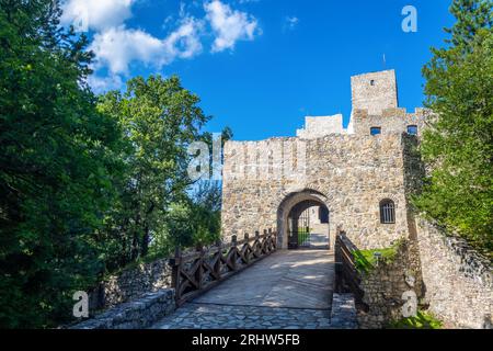 Strecno, Slowakei - 08 11 2023: Burg Strecno, Holzbrücke und Eingangstor zu den Burgruinen Stockfoto