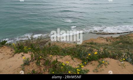 Schöne Küste im Sommer. Ruhige blaue Meereslandschaft. Steinige und sandige Küste. Sonnige Meereslandschaft. Netanya, Israel Stockfoto