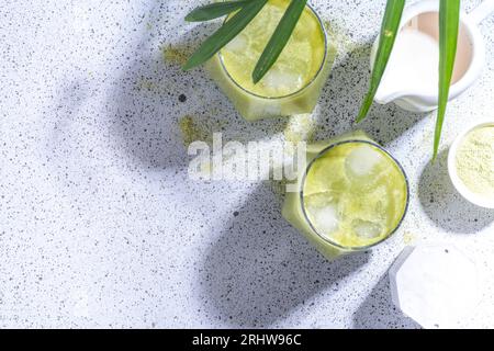 Kaltes Getränk aus grünem Matcha. Iced Matcha Latte Cocktail in zwei Gläsern mit sommerlichen tropischen Palmenblättern auf weißem Hintergrund Kopierfläche Stockfoto