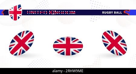 Rugby-Ball mit der Flagge Großbritanniens in verschiedenen Winkeln auf abstraktem Hintergrund. Rugby Vector Kollektion. Stock Vektor