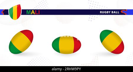 Rugby-Ball mit der Flagge Malis in verschiedenen Winkeln auf abstraktem Hintergrund. Rugby Vector Kollektion. Stock Vektor