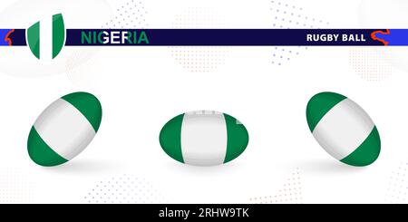 Rugby-Ball mit der Flagge Nigerias in verschiedenen Winkeln auf abstraktem Hintergrund. Rugby Vector Kollektion. Stock Vektor