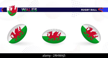 Rugby-Ball mit der Flagge von Wales in verschiedenen Winkeln auf abstraktem Hintergrund. Rugby Vector Kollektion. Stock Vektor