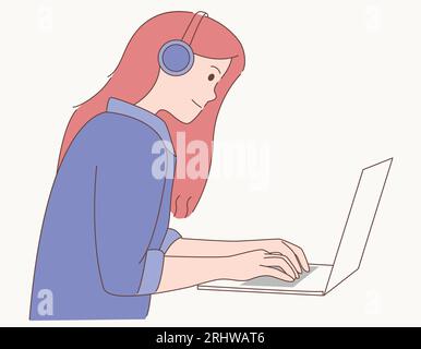 Frau, die mit Ohrhörern am Laptop arbeitet Stock Vektor
