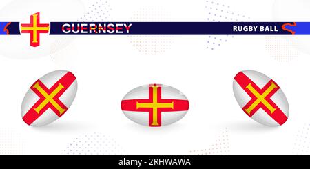 Rugby-Ball mit der Flagge von Guernsey in verschiedenen Winkeln auf abstraktem Hintergrund. Rugby Vector Kollektion. Stock Vektor