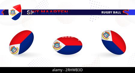 Rugby-Ball-Set mit der Flagge von Sint Maarten in verschiedenen Winkeln auf abstraktem Hintergrund. Rugby Vector Kollektion. Stock Vektor