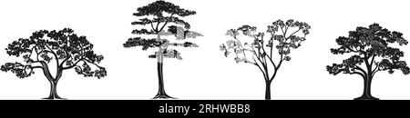 Baumsilhouette. Vier Bäume in verschiedenen Positionen. Botanische Pflanzensilhouetten. Wald in flachem Stil. Vektorillustration. Stock Vektor