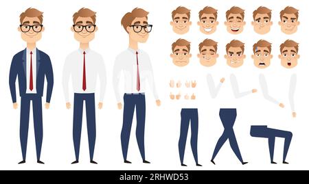 Geschäftsmann, Zeichentrickfigur für Animation. Eine Reihe von Gefühlen, Posen und Gesten im Gesicht. Stock Vektor