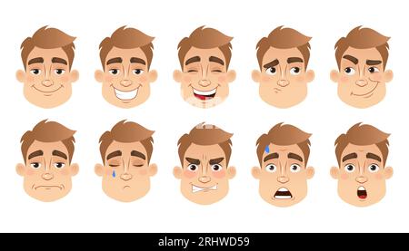 Satz von Gesichtsausdrücken mit männlichen Zeichen. Junger Mann Emoji mit verschiedenen Ausdrücken. Vektorillustration im Comic-Stil. Stock Vektor
