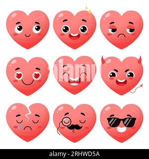 Cartoon-rote Herzfigur mit unterschiedlichen Gesichtsausdrücken. Fröhliches süßes Herz-Emoji-Set. Vektor-Illustration für Valentinstag. Stock Vektor