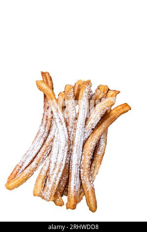 Spanische Dessertchurros mit Zuckerpulver auf einem Holztablett. Hochwertiges Isolat, weißer Hintergrund Stockfoto