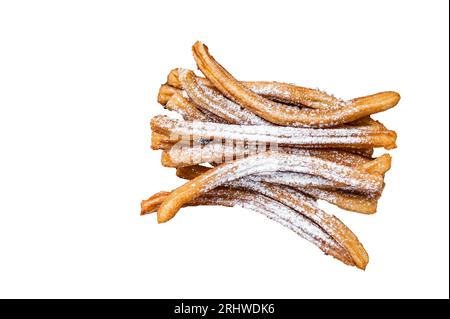 Spanische Dessertchurros mit Zuckerpulver auf einem Holztablett. Hochwertiges Isolat, weißer Hintergrund Stockfoto