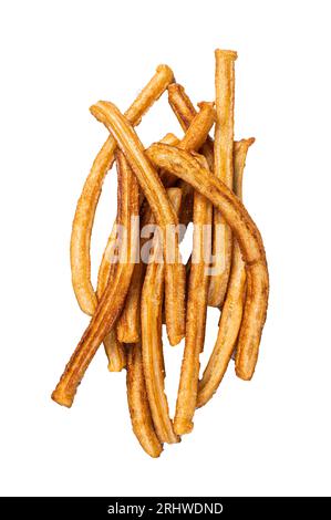 Auf dem Küchentisch sind frittierte Churros. Hochwertiges Isolat, weißer Hintergrund Stockfoto