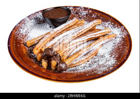 Spanische Tapas Churros mit Zucker- und Schokoladensauce. Hochwertiges Isolat, weißer Hintergrund. Stockfoto