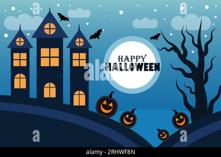 Happy Halloween Hintergrund mit Spukhaus, Kürbissen und Fledermäusen. Fledermäuse bei Vollmond. Konzept und Banner für halloween. Vektorillustration mit Stock Vektor