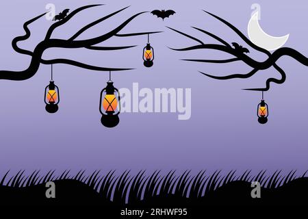 Halloween-Hintergrund mit hängenden Laternen und Fledermäusen. Vektorillustration für Grußkarte, Poster und Banner geeignet Stock Vektor