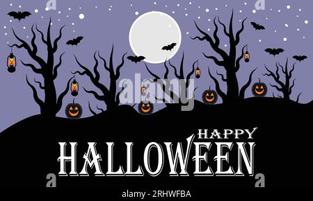 Fröhlicher Halloween-Hintergrund mit Kürbissen, Fledermäusen und Mond. Gruseliger Gruselwald im Oktober dunkle Nacht Herbst düster gruselige schwarze Bäume mit Kürbis. Stock Vektor
