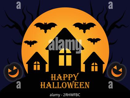 Happy Halloween Hintergrund mit Spukhaus und Kürbissen. Urlaubskonzept. Vorlage für Hintergrund, Banner, Karte, Poster mit Textbeschriftung Stock Vektor