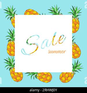 Banner für Sommerangebote. Sommerreife Ananas von Hand gezeichnet. Vektor-Illustration für Werbematerialien. Design des Verkaufsflyers mit leerem Einlegeboden. Vektorillustration Stock Vektor