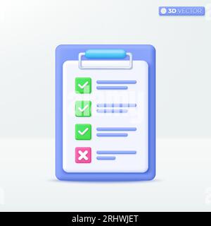 Symbol für Checkliste auf 3D-Zwischenablage-Papier. Dokument in Testform, Fragebogen mit Notizen, Planung und Organisation des Arbeitskonzepts. 3D-Vektor-iso Stock Vektor