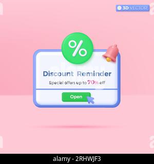 Symbole für das Banner „Benachrichtigungen für Rabatterinnerung“. Popup-Feld mit Prozentzeichen und pinkfarbener Glocke. Geschenkgutscheine, Kauf- oder Abonnementkonzept. 3D Vec Stock Vektor