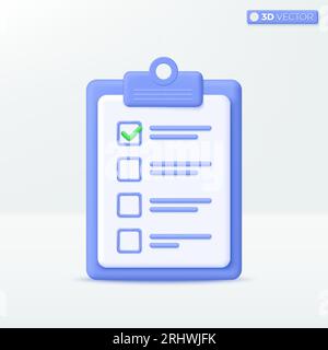 Symbol für Checkliste auf 3D-Zwischenablage-Papier. Dokument in Testform, Fragebogen mit Notizen, Planung und Organisation des Arbeitskonzepts. 3D-Vektor-iso Stock Vektor