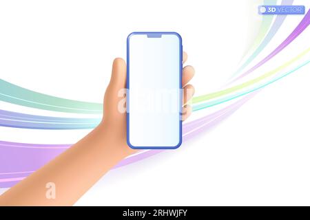 Symbol für die 3D-Handhaltung des Mobiltelefons. Realistisches Smartphone mit leerem Bildschirm auf abstraktem Hintergrund, Modell-Template-Konzept des Telefons. 3D-Vektorisol Stock Vektor