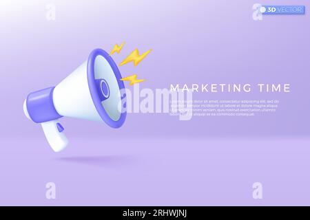 3D-Megaphon-Lautsprecher mit Lightning-Symbol. Lautsprecher kündigen Rabattaktion an, verkaufen reduzierte Preise, Marketing Time Concept. 3D-vektorisola Stock Vektor