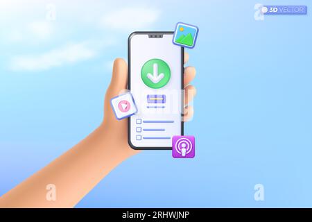 3D-Handheld-Handy-Download-Daten aus dem Cloud-System. Foto-, Video- und Podcsat-Symbol. Konzept für Dateifreigabe und Datenübertragung. 3D-Vektorisolierung Stock Vektor