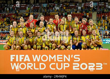 Brisbane, Australien. August 2023. Das schwedische Team feiert die Bronzemedaille nach dem dritten Spiel der FIFA Frauen-Weltmeisterschaft zwischen Schweden und Australien am 19. August 2023 im Brisbane Stadium, Brisbane, Australien.Foto: Pontus Lundahl/TT/Code 10050 Credit: TT News Agency/Alamy Live News Stockfoto