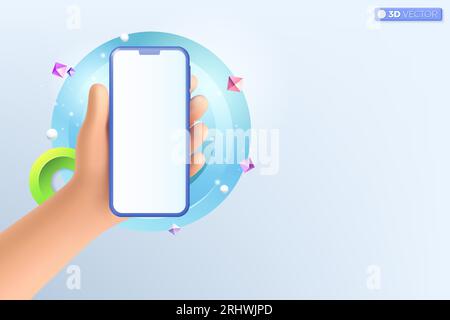 Symbol für die 3D-Handhaltung des Mobiltelefons. Realistisches Smartphone mit leerem Bildschirm auf abstraktem Hintergrund, Modell-Template-Konzept des Telefons. 3D-Vektorisol Stock Vektor