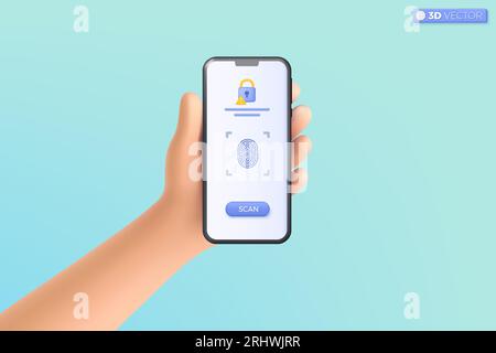 3D-Symbol für Cyber-Secure-Fingerabdruck-Fingerabdruck-Symbol für Mobiltelefone mit der Hand. Erkennungsidentität, Sicherheitskonzept für biometrische Autorisierung. 3D-Vektorisol Stock Vektor