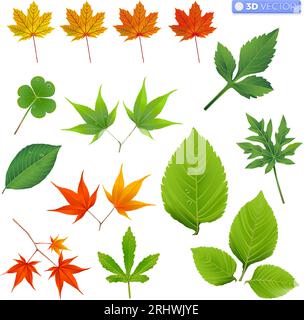 Realistische helle bunte herbstliche Blätter auf weißem Hintergrund. Mehrfarbige Ahornblätter. Konzept. 3D-Vektorisolierte Illustration, Cartoon Stock Vektor