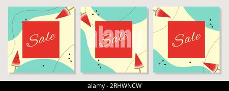 Poster Vorlage Verkauf mit Wassermelonenscheibe, rotem und grünem Hintergrund Boho-Stil, Werbemannern Set. Vektorillustration Stock Vektor