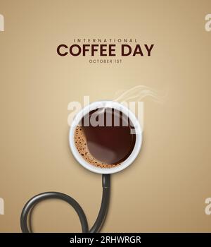 Internationaler Kaffeetag – kreative Kaffeewerbung. 3D-Illustration Stock Vektor