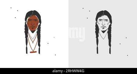 Hand gezeichnet abstrakt Vektor Grafik Cliparts Illustration boho indischen Mann Komposition Portrait.Western Design concept.Bohemian wilden Westen zeitgenössischen Stock Vektor