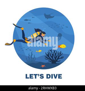 Lass uns tauchen, rundes Banner. Taucher mit Tauchausrüstung schwimmt im Meer. Unterwasserwelt. Vektorillustration Stock Vektor