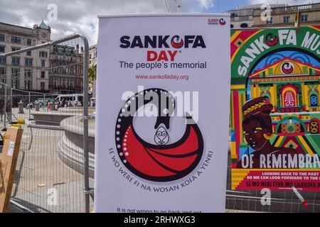 London, England, Großbritannien. August 2023. Aktivisten der Sklaverei-Erinnerung versammelten sich auf dem Trafalgar-Platz, um des Sankofa-Tages zu gedenken, einer Feier der großen haitianischen Revolution und des Internationalen Tages zur Erinnerung an den Sklavenhandel und seine Abschaffung. (Bild: © Vuk Valcic/ZUMA Press Wire) NUR REDAKTIONELLE VERWENDUNG! Nicht für kommerzielle ZWECKE! Stockfoto