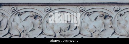 Nahaufnahme des Formteils auf dem Wandlotus auf dem Konzeptfoto der Wand. Stockfoto