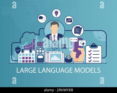 LLM Large Language Model Vektor-Illustration mit Geschäftsmann und Symbolen Stock Vektor