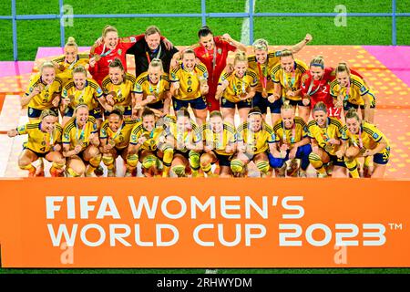 Brisbane, Australien. August 2023. Das Team Schweden feiert während der Verleihung des dritten Platzes der FIFA Frauen-Weltmeisterschaft 2023 in Brisbane, Australien, am 19. August 2023. Quelle: Zhu Wei/Xinhua/Alamy Live News Stockfoto